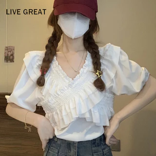 Áo LIVE GREAT ngắn tay cổ chữ V phối dây chéo màu ngọt ngào phong cách Hàn Quốc cho nữ