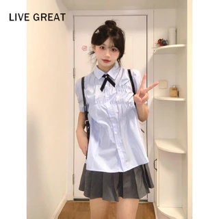 Áo sơ mi LIVE GREAT ngắn tay cổ POLO thiết kế ngọt ngào thời trang cho nữ