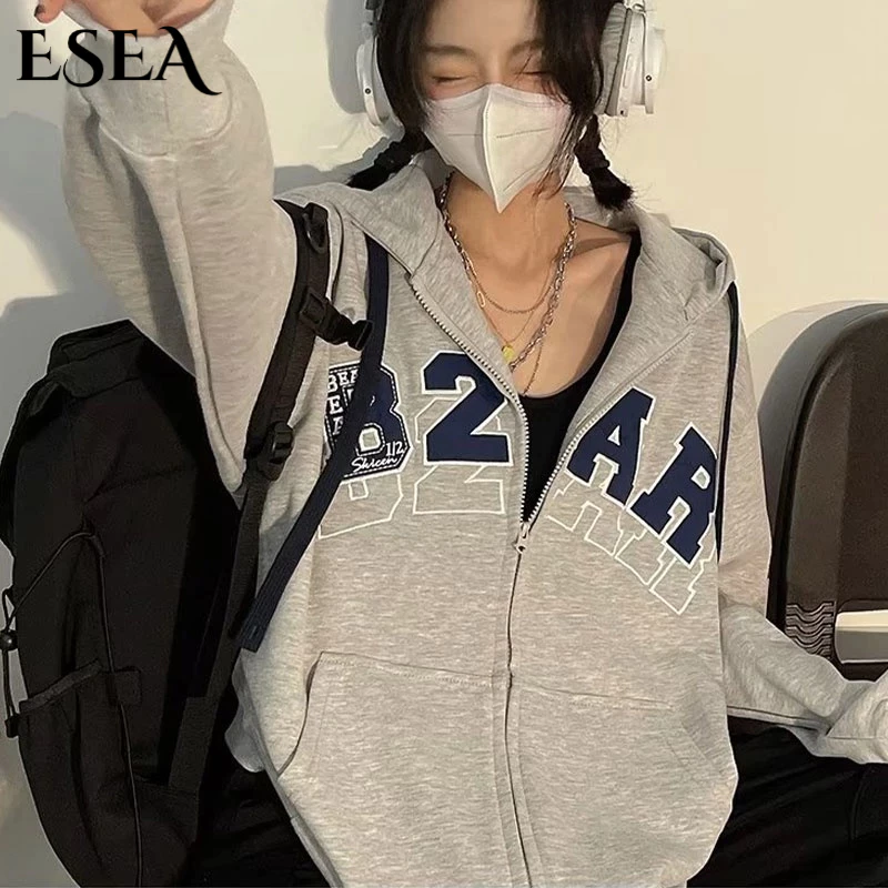  Áo Khoác Hoodie Dáng Rộng Có Khóa Kéo In Chữ Phong Cách retro Dành Cho Nữ