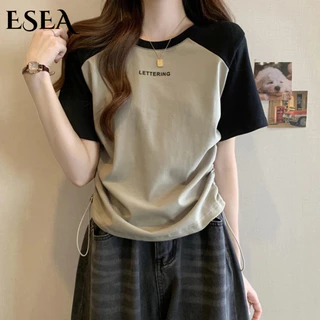 Áo thun ESEA tay ngắn vai phối màu tương phản thời trang mùa hè cho nữ