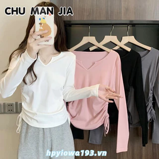 CHU MAN JIA Áo Thun Ngắn Mỏng Tay Dài Cổ Chữ v Phối Dây Rút Phong Cách Hàn Quốc Mới Cho Nữ