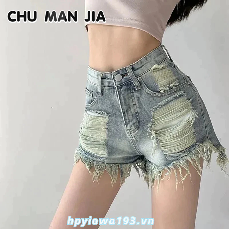 CHU MAN JIA   Quần Short denim Lưng Cao Dáng Ôm Thời Trang Mùa Hè Đường Phố Cho Nữ