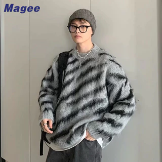 Magee Áo sweater Dệt Kim Dáng Rộng Cổ Tròn Họa Tiết Ngựa Vằn Kiểu retro Hàn Quốc Cao Cấp Thường Ngày Cho Nam Và Nữ