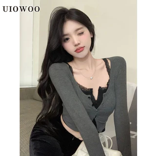 Uiowoo Áo cardigan Tay Dài Ôm Dáng Ngắn Màu Xám Tinh Khiết Quyến Rũ Thời Trang Mùa Thu Cho Nữ