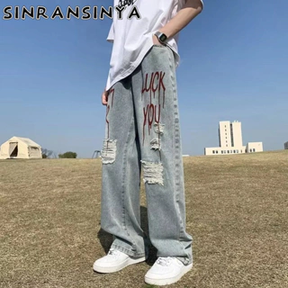 Sinransinya Quần jeans Dài Ống Rộng In Chữ Phong Cách hip hop Đường Phố Cho Nam