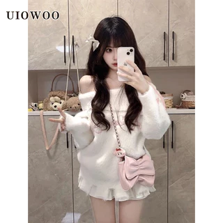 Uiowoo Áo sweater Dệt Kim Mềm Trễ Vai Thời Trang Mùa Thu 2023 Cho Nữ