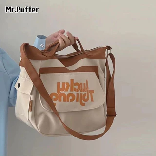 Mr.puffer Túi Đeo Vai Bằng Vải canvas Cỡ Lớn In Chữ Phối Màu Tương Phản Thời Trang Cho Nữ