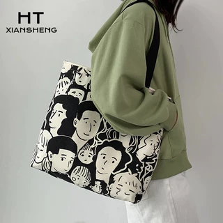 HT XIANSHENG Túi Xách Canvas In Họa Tiết Phong Cách Harajuku Nhật Bản Cho Nữ