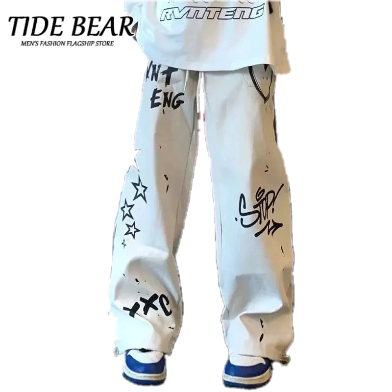 Quần dài nam TIDE BEAR ống rộng cạp cao họa tiết chữ graffiti phong cách Âu Mỹ mới