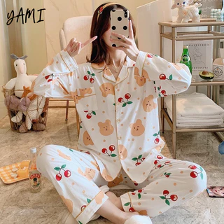 YAMI Bộ Đồ Ngủ Tay Dài Chất cotton Dáng Rộng Thời Trang Xuân Hè Xinh Xắn Cho Nữ