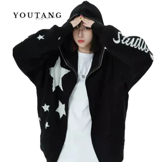 Youtang Áo Khoác cardigan Có Nón Dáng Rộng Phong Cách retro Đường Phố Mỹ Giản Dị Dành Cho Cặp Đôi