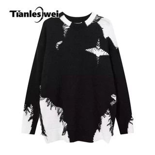 TIANLESIWEI Áo Sweater Dệt Kim Dáng Rộng Màu Sắc Tương Phản Phong Cách hip hop Đường Phố Mỹ Thời Trang Thu Đông Cho Nam Và Nữ