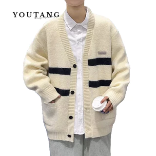 YOUTANG Áo Khoác cardigan Dệt Kim Cổ Chữ v Họa Tiết Kẻ Sọc Màu Tương Phản Thời Trang Mùa Thu 2023 Phong Cách Đại Học Mỹ Dành Cho Nam Nữ