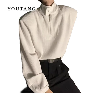 Youtang Áo Sweater Cổ Polo Có Khóa Kim Loại Nửa Hình Waffle Phong Cách Mỹ Cho Nam