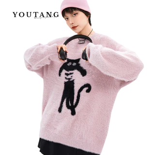 YOUTANG Áo sweater Dệt Kim Chui Đầu Họa Tiết Mèo Phong Cách retro Mỹ Cổ Điển Dành Cho Nam Nữ Sinh Viên