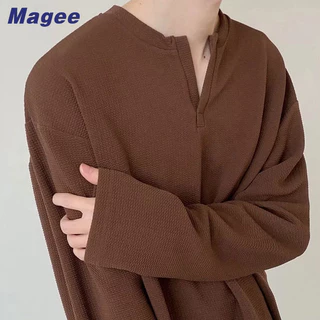 Magee Áo sweater Tay Dài Dáng Rộng Cổ Chữ v Cao Cấp Màu Tối Họa Tiết maillard Phong Cách retro Hàn Quốc Giản Dị Cao Cấp Cho Nam