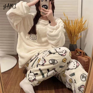 YAMI Bộ Đồ Ngủ tay dài mùa đông vải lông cừu san hô pijama Hoạt Hình Dễ Thương đồ mặc nhà nữ