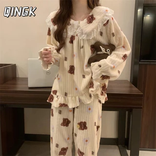 Qingk Bộ Đồ Ngủ tay dài mùa đông pijama Dễ Thương đồ mặc nhà nữ