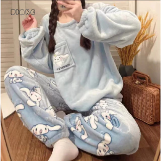 DIAKE❤Cinnamoroll Bộ Đồ Ngủ Chất Nỉ Phối Lông Cừu San Hô Dày Dặn Ấm Áp Thời Trang Thu Đông Dễ Thương Cho Nữ