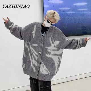 Yazhiniao Áo Khoác cardigan Dáng Rộng Cổ Chữ v Phong Cách hip hop Đường Phố Mỹ Thời Trang Cho Nam