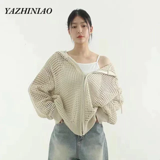 Áo Khoác cardigan Dệt Kim Có Mũ Trùm Khóa Kéo Thoáng Khí Thời Trang Hàn Quốc yazhiniao Siêu hot niche Giản Dị