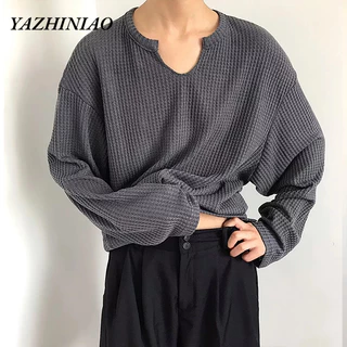 Yazhiniao Áo sweater Dệt Kim Tay Dài Cổ Tròn Màu Trơn Dáng Rộng Trẻ Trung Cho Nam