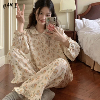 YAMI Bộ Đồ Ngủ Tay Dài pijama hoạt hình Dễ thương đồ mặc nhà nữ