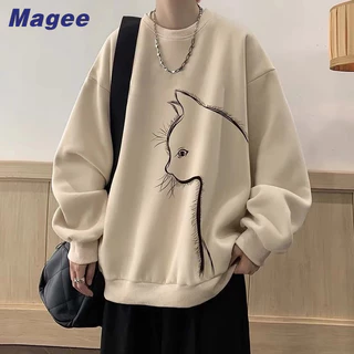 Magee Áo sweater Tay Dài Cổ Tròn In Hình Mèo Hoạt Hình Phối Lông Phong Cách Hàn Quốc Thời Trang Cho Nam