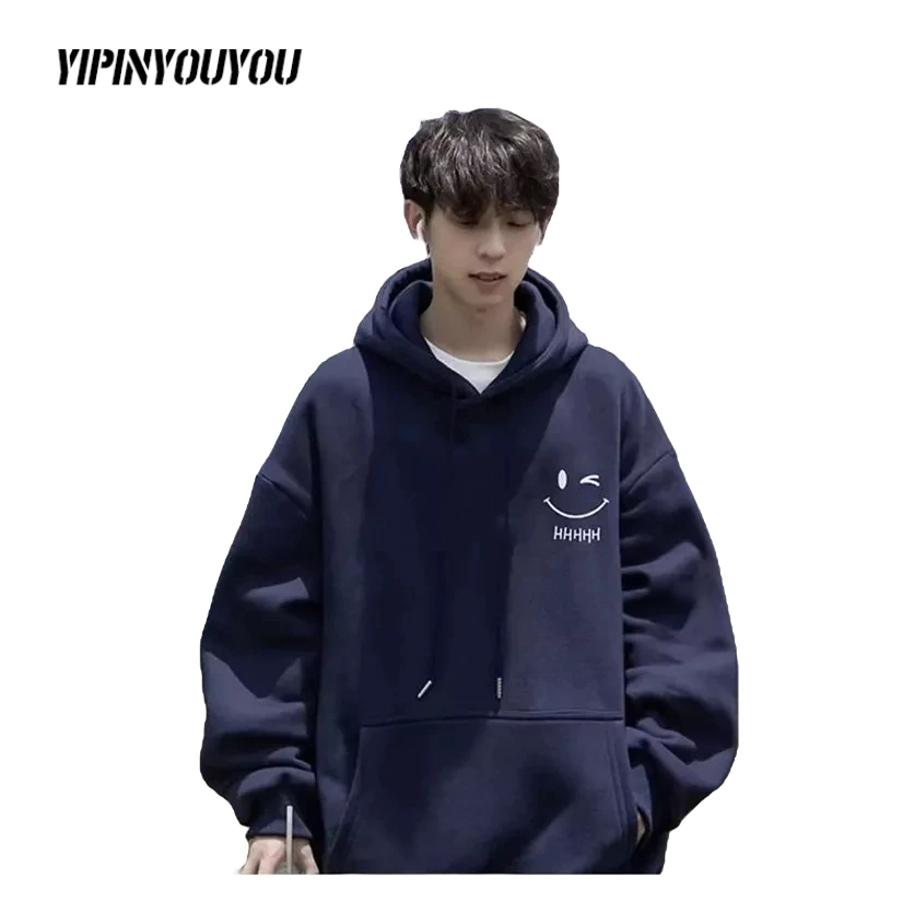 YIPINYOUYOU Áo Hoodie Nhung Dáng Rộng In Hình Mặt Cười Thời Trang Mới Cho Nam