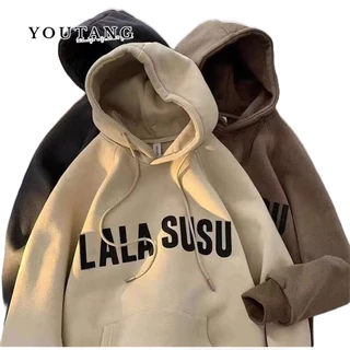 YOUTANG Áo Hoodie Nhung Dáng Rộng In Chữ Phong Cách retro Mỹ Cho Nam Nữ