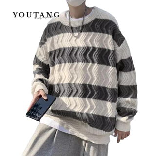 YOUTANG Áo sweater Dệt Kim Dáng Rộng Cổ Tròn Họa Tiết Kẻ Sọc Màu Tương Phản Phong Cách Nhật Bản Thời Trang Thu Đông Cho Nam Và Nữ