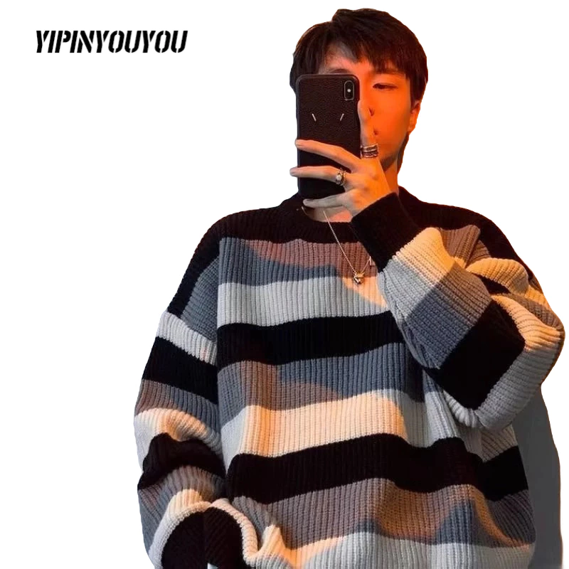 YIPINYOUYOU Áo sweater Cổ Tròn Họa Tiết Kẻ Sọc Phong Cách Hàn Quốc Thời Trang Thu Đông Mới Cho Nam