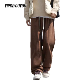 YIPINYOUYOU Quần dài nam ống rộng thời trang phong cách Hàn Quốc mới, quần nhung trơn màu