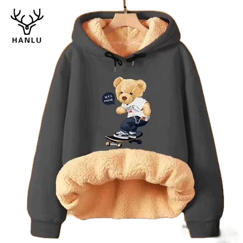 Hanlu Áo sweatshirt Nhung Tay Dài Có Mũ Trùm Đầu In Hình Gấu Mới Dành Cho Nam Và Nữ Có Thể Mặc Cho Nam Và Nữ