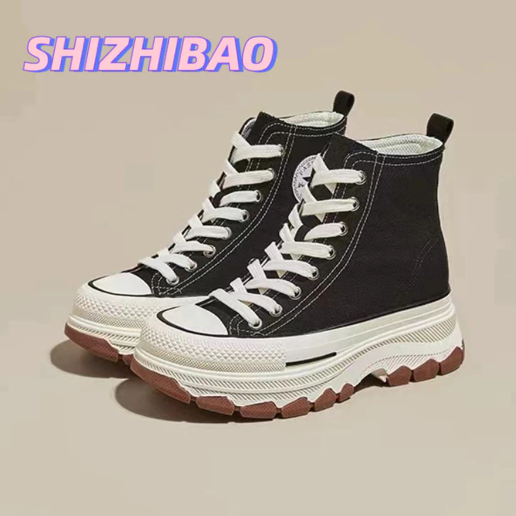 Shizhibao Giày Vải canvas Cổ Cao Đế Dày Màu Trắng Nhỏ Nhắn Đa Năng Dành Cho Nữ