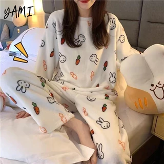 Bộ đồ ngủ XUNKOUNH cổ tròn in họa tiết cà rốt thỏ hoạt hình đơn giản giữ ấm mùa đông cho nữ