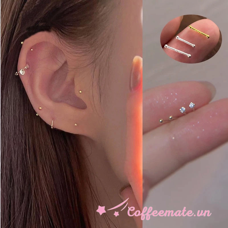 ⚡CM⚡1 Cặp Khuyên Tai Nữ Hình Tròn Hai Đầu Mini S925 Đính Đá Zircon 3mm