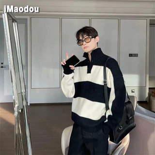 iMaodou Áo Khoác Sweater Dệt Kim Cổ Lọ Dáng Rộng Họa Tiết Kẻ Sọc Màu Sắc Tương Phản Thời Trang Thu Đông 2023 Cho Nam