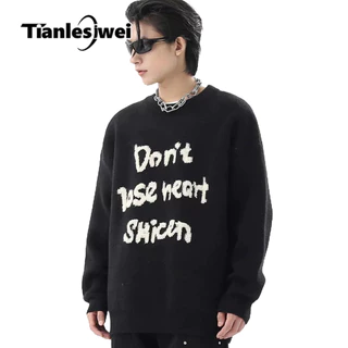 Áo sweater Dệt Kim Cổ Tròn Dáng Rộng In Chữ Phong Cách hip hop Mỹ Thời Trang Thu Đông Cho Nam Và Nữ