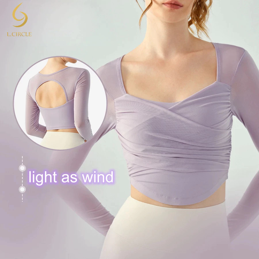 [L.circle] Phụ nữ tập Yoga dài tay xếp ly mùa thu có đệm ngực Lưới rỗng Áo thun thể thao khô nhanh Áo tập thể dục