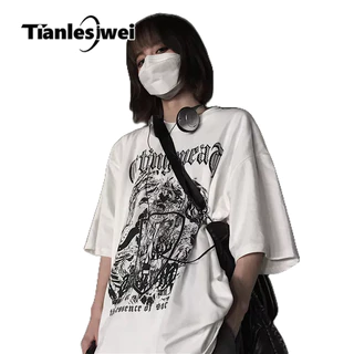 Tianlesiwei Áo thun ngắn tay hip-hop đen tối mùa hè kiểu Mỹ thiết kế dáng rộng niche top