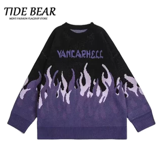 TIDE BEAR Áo TIDE BEAR tay dài dáng rộng họa tiết ngọn lửa độc đáo thời trang thu đông Hàn Quốc