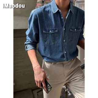 iMaodou Áo Sơ Mi Denim Nam Dạo Phố Phong Cách Hồng Kông ins Retro Thời Trang Hàn Quốc Áo Khoác Cổ Đẹp Trai Đơn Giản Dài Tay Phù Hợp Với