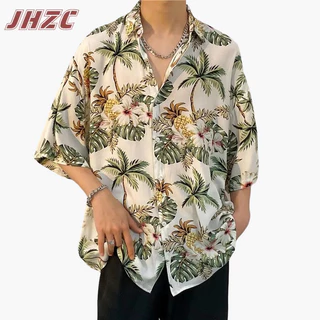 Áo sơ mi nam JHZC mùa hè Nhật Bản retro đẹp trai phong cách Hawaii hoa cọ cây cao cấp đi biển giản dị dáng rộng áo sơ mi ngắn tay