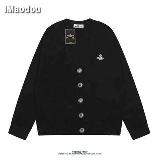 iMaodou Niche Street Western Queen Saturn Thêu Chanel Phong Cách Dệt Kim Áo Khoác Cổ Chữ V Cardigan Vivian Áo Len Thường Ngày ins