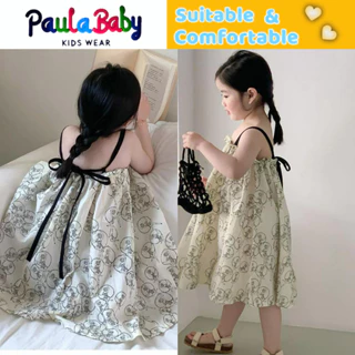 Paulababy Cô gái Sling Dress Hàn Quốc phiên bản mùa hè thanh lịch bãi biển váy nghỉ lớn váy thời trang