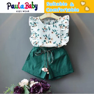 Paulababy Bộ Áo Hoa Không Tay + Quần Short Dáng Rộng Thời Trang Mùa Hè Hàn Quốc Cho Bé Gái