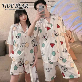 TIDE BEAR Áo ngủ cặp vợ chồng Nam nữ mùa hè Băng lụa mỏng Cộng với kích thước trang phục nhà có thể mặc bên ngoài