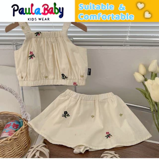 Paulababy Set Áo Thun Ngắn Tay + Quần Yếm Thêu Hoa Đáng Yêu Cho Bé Gái