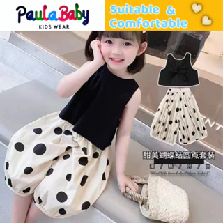 Paulababy Set Áo Sát Nách Hở Lưng + Quần Ống Rộng Họa Tiết Chấm Bi Thời Trang Mùa Hè Cho Bé Gái